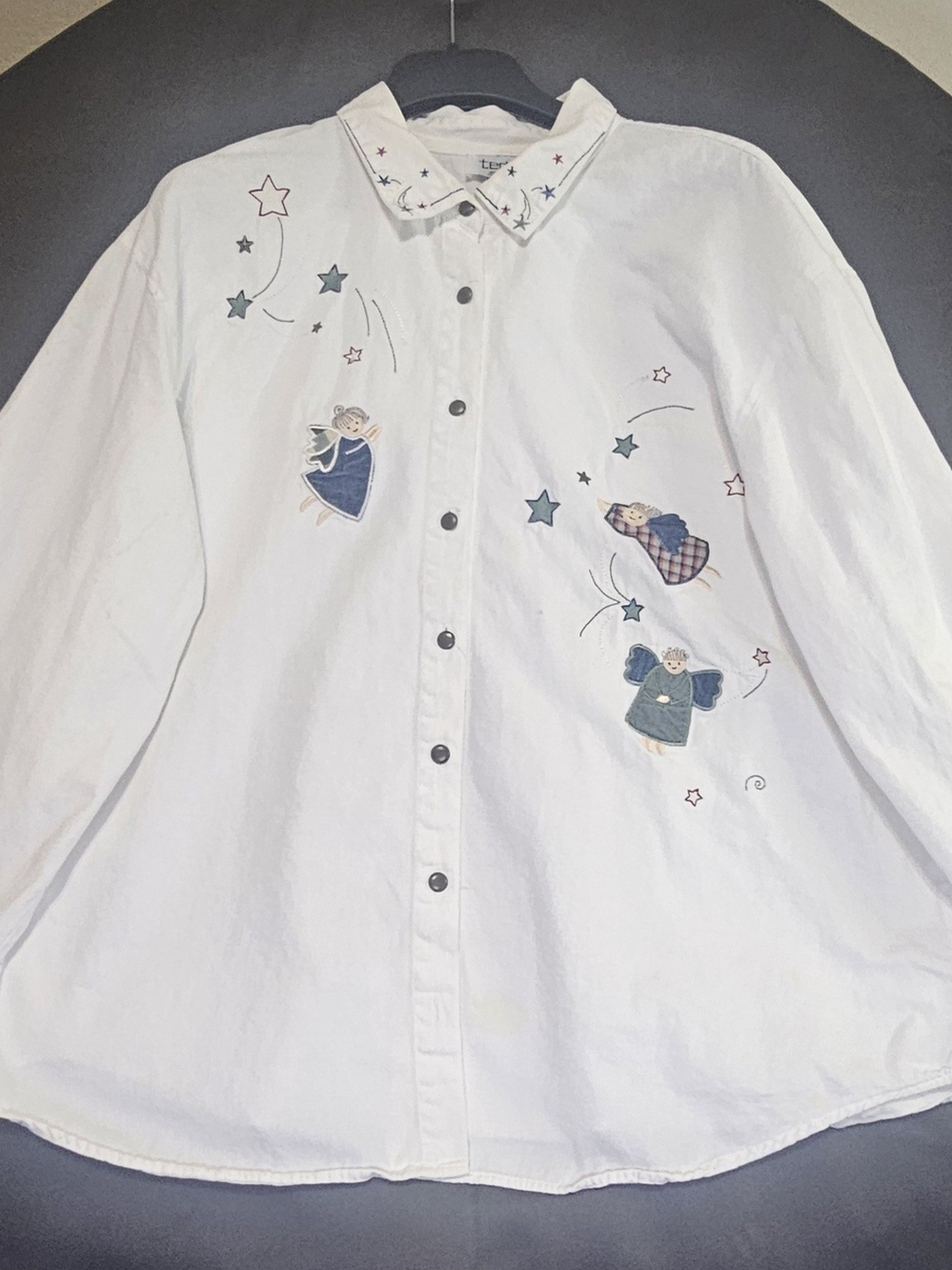 Girls' White Button-Up Shirt with Embroidered Angels